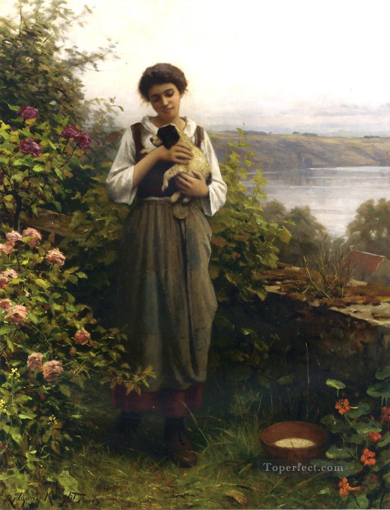 Young Girl Holding a Puppy countrywoman Daniel Ridgway Knight Oil Paintings